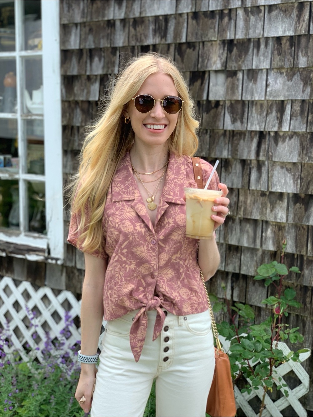 Mauve Tropical Tie-Front Button Down Shirt